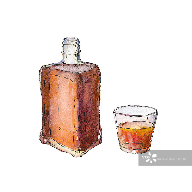 干邑酒瓶被孤立在白色的背景上，手绘水彩插图。图片素材
