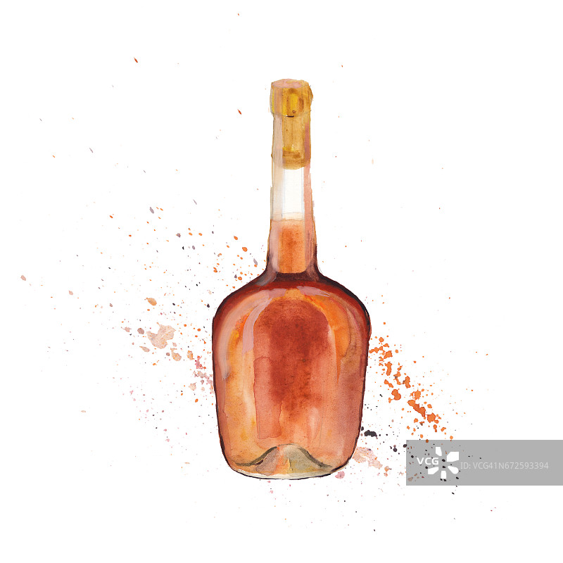 干邑酒瓶被孤立在白色的背景上，手绘水彩插图。图片素材