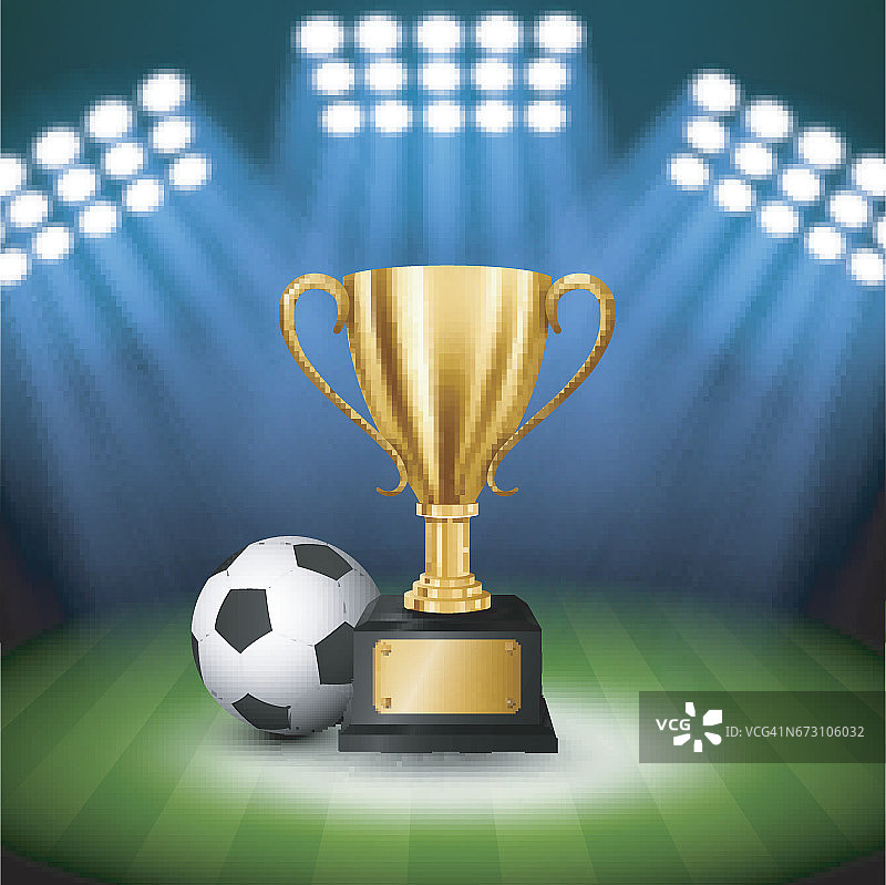 足球冠军与金色奖杯和足球与照亮的聚光灯，矢量插图图片素材