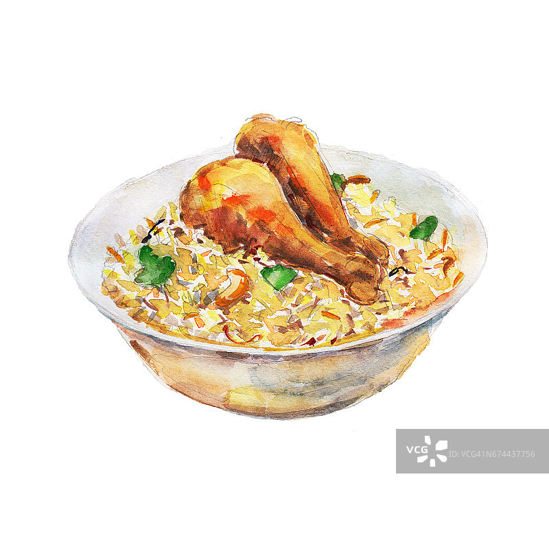 国菜鸡炒饭孤立在白色背景上，手绘水彩插画。图片素材