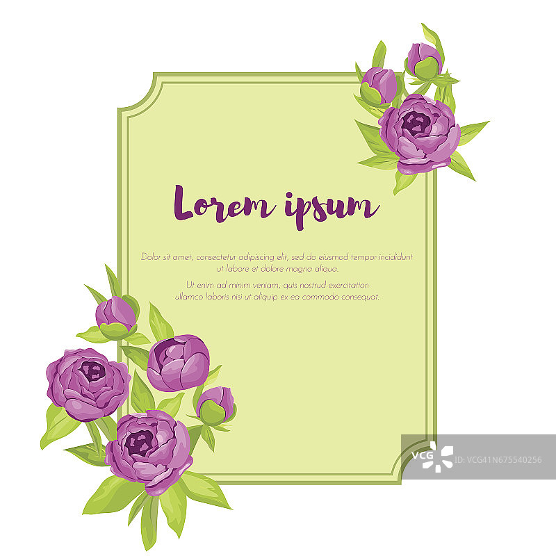 紫色的复古牡丹，周围的框架与签字的婚礼邀请，结婚卡，祝贺横幅，广告图片素材