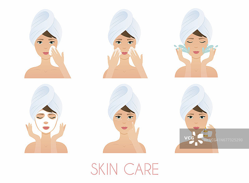 面部护理常规。女孩清洁和护理她的脸与各种行动设置。护肤品向量。图片素材