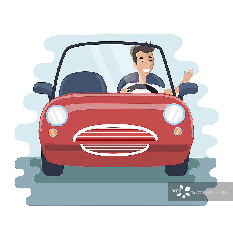 卡通可爱的年轻人开着红色的汽车在路上行驶。前视图图片素材