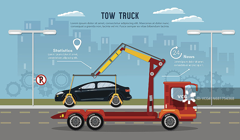 城市里的拖车。汽车服务信息图汽车牵引拖车运输故障和紧急车辆图片素材