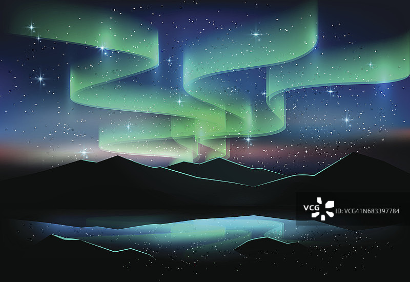 极光天空和湖泊上的星星，天文学背景，矢量插图图片素材