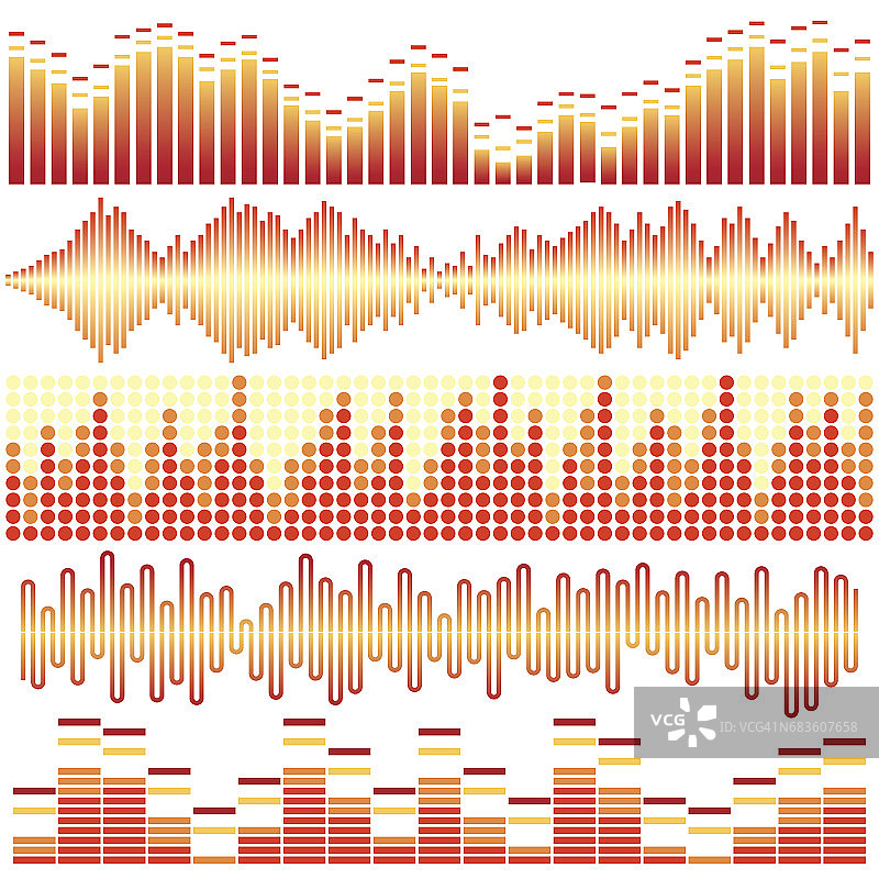 橙色声波矢量集。音频均衡器。声音和音频波图片素材