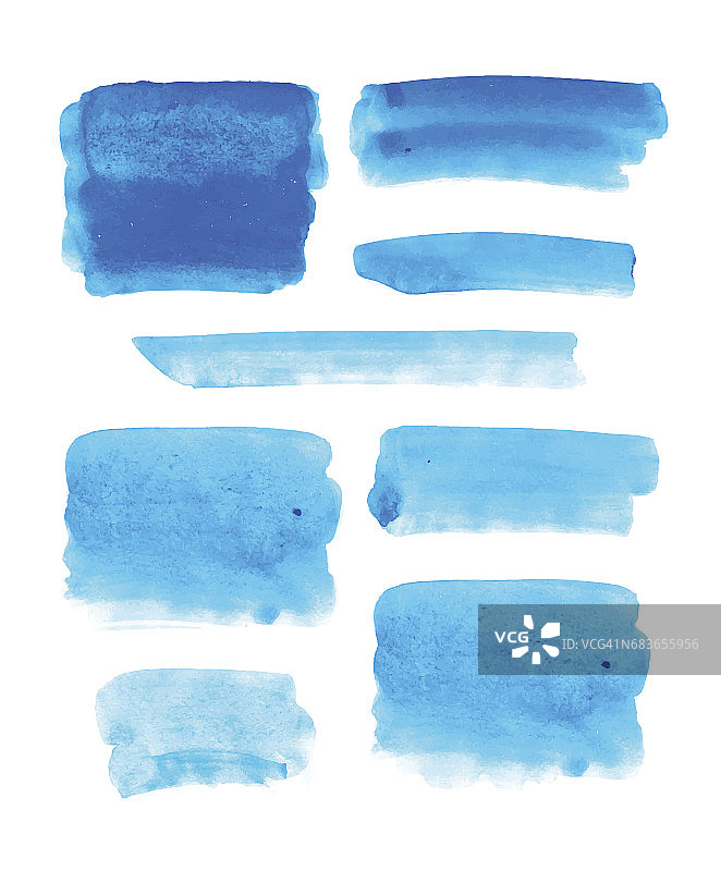 一套水彩手绘笔触在蓝色孤立的白色背景。向量的元素。图片素材