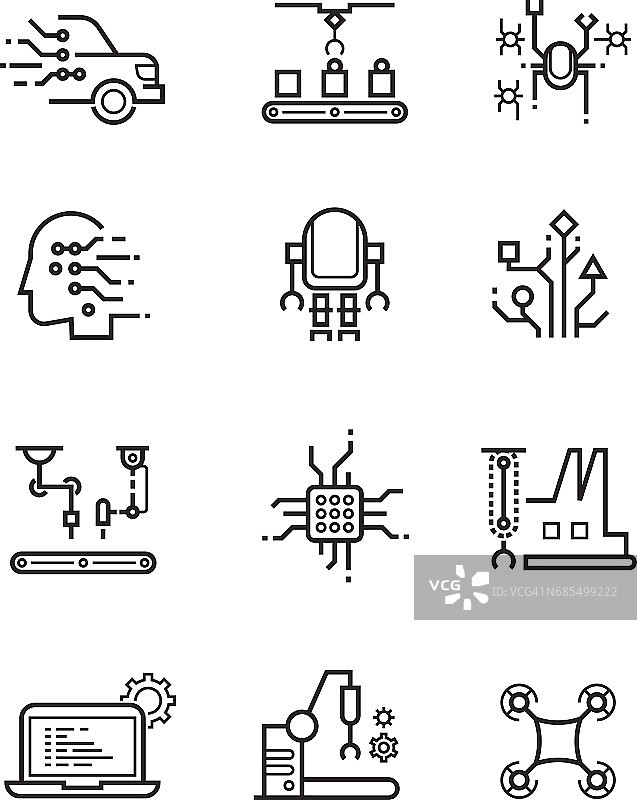 机器人技术和机器人机械线矢量图标。人工智能的象征图片素材