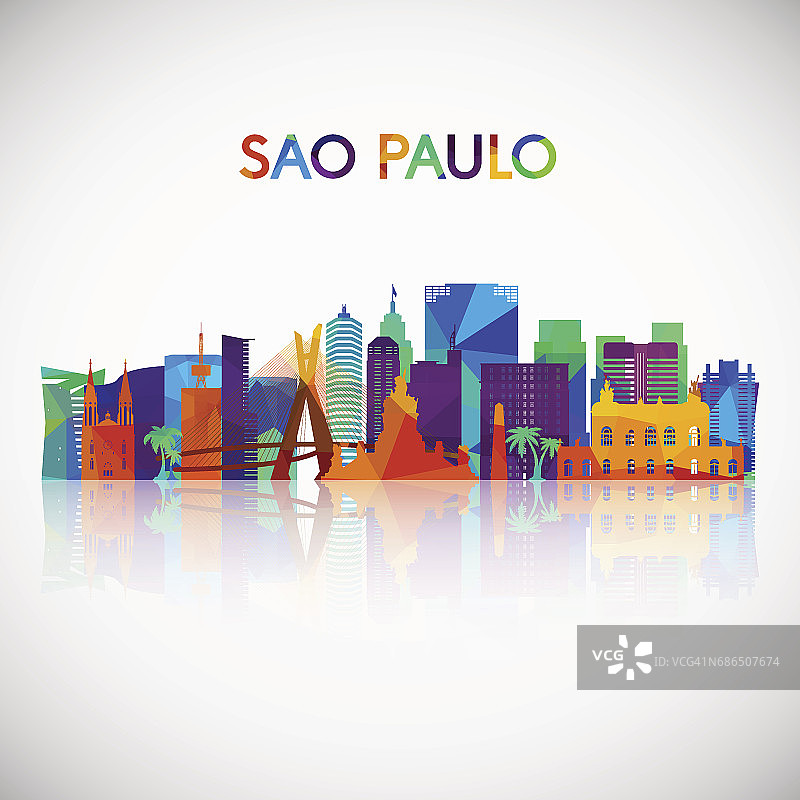 圣保罗天际线轮廓在多彩的几何风格。巴西标志为您的设计。矢量插图。图片素材