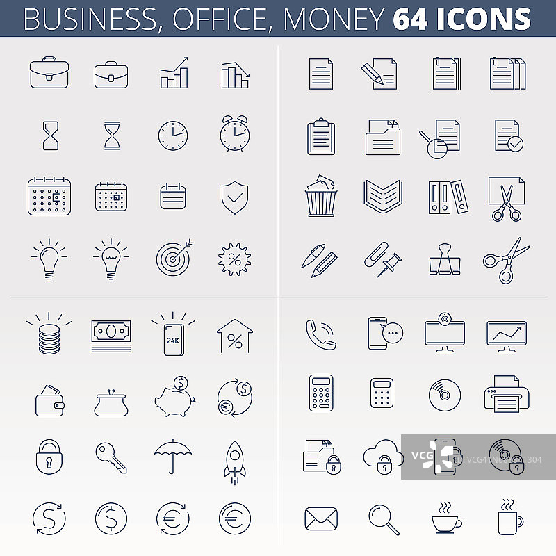商业，办公室，金钱和数据保护线性图标集。图片素材