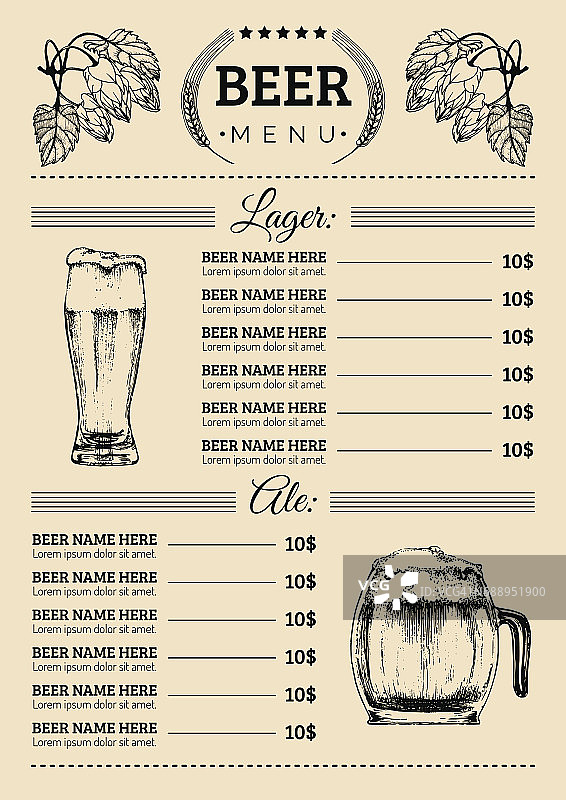 啤酒菜单设计模板。矢量酒吧，餐厅名片与手绘啤酒，啤酒插图。啤酒厂元素图标图片素材