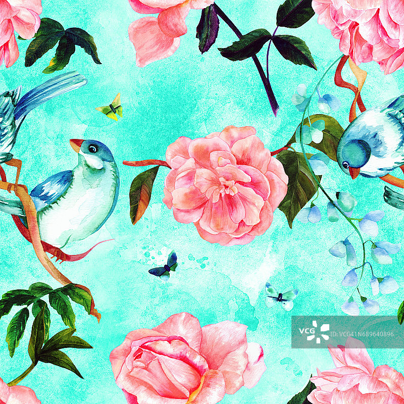 无缝蓝绿色图案，水彩鸟和玫瑰图片素材