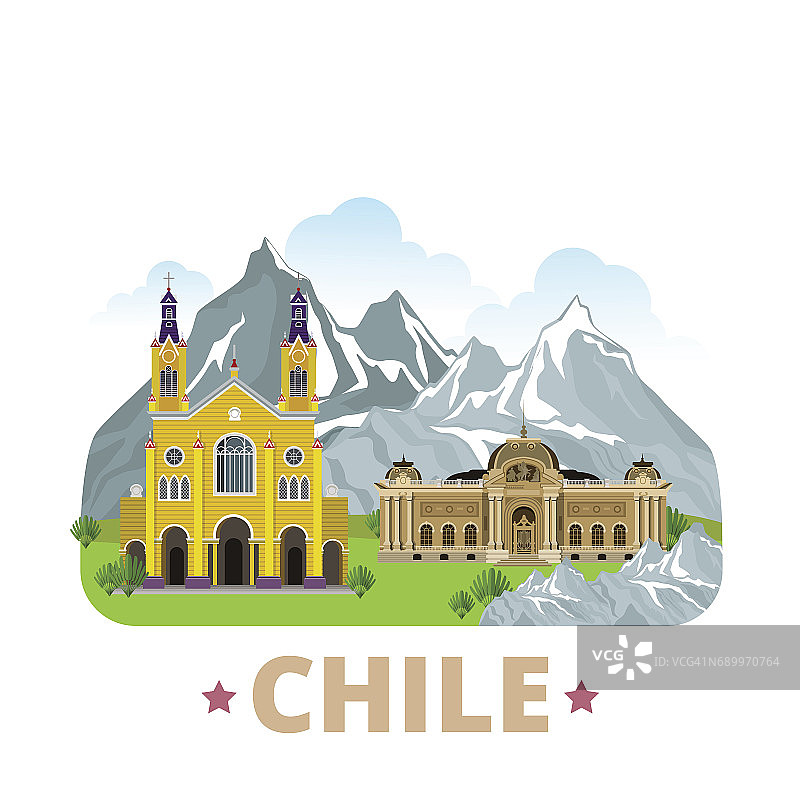 智利国家徽章冰箱磁铁设计模板。平面卡通风格的历史景观展示网站矢量插图。世界度假旅游南美观光收藏。图片素材