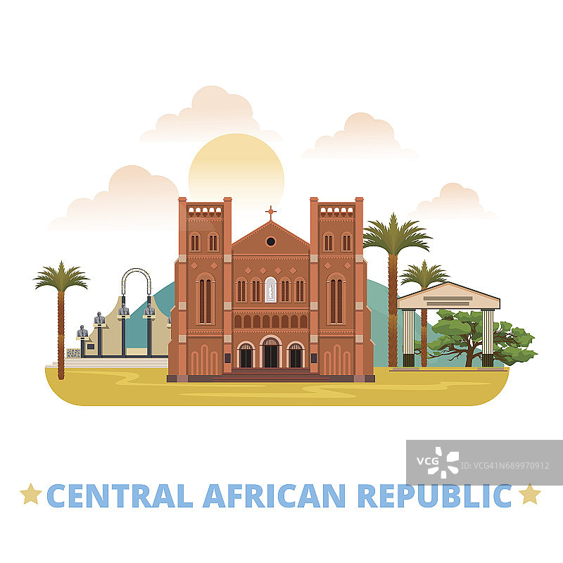 中非共和国CAR国家平面卡通风格的历史景观矢量插图。世界度假旅行非洲收藏。巴黎圣母院共和国无玷圣母院。图片素材