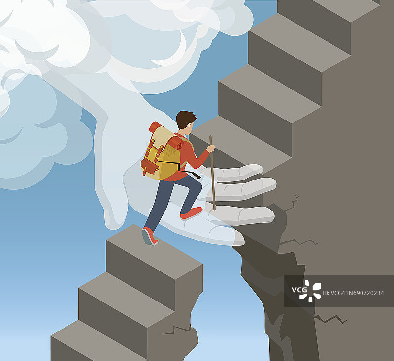 平等距手从云支持岩石攀登者在石梯矢量插图。三维等距上帝帮助和支持的概念。图片素材