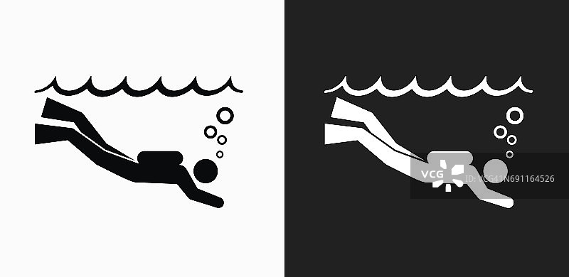 水肺潜水员图标上的黑色和白色矢量背景图片素材