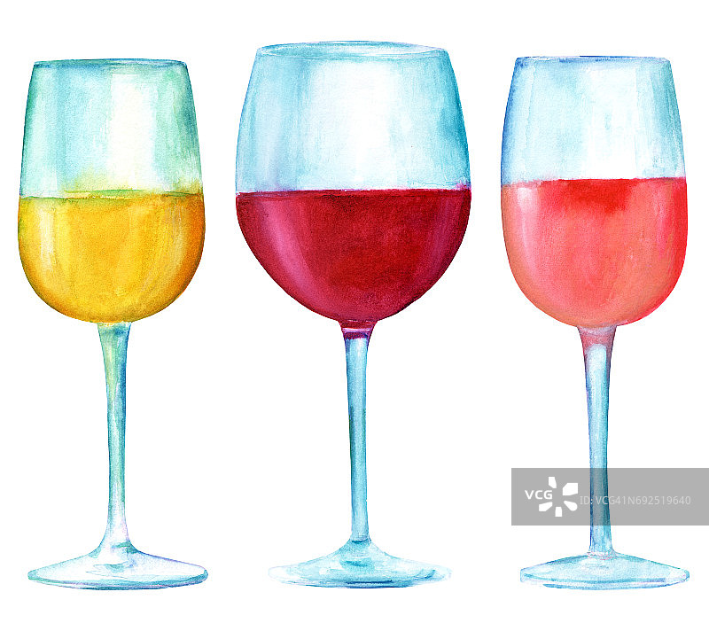 杯白，红，和玫瑰酒，孤立的水彩画图片素材