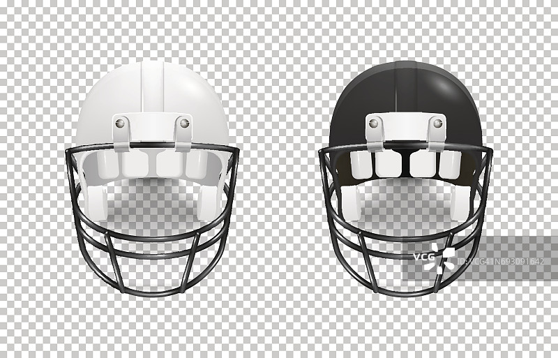 现实经典的美式橄榄球头盔设置-黑白颜色。孤立在透明背景上。前视图。设计模板特写矢量。品牌和广告的模型图片素材