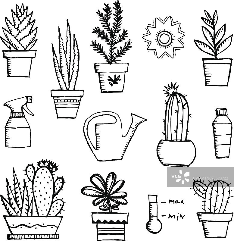 手绘矢量花园图标集。复古素描一套手绘园艺工具和植物。在白色背景上孤立的园艺草图。图片素材