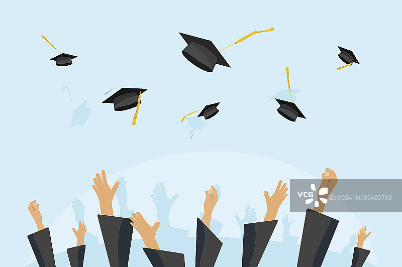毕业的学生或小学生双手在长袍中向空中抛毕业帽，放飞学术帽，将学位板扔向空中平卡通矢量插图图片素材