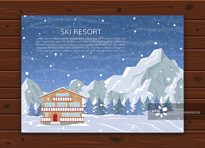 滑雪度假村或酒店在雪山景观，松林和飘落的雪。冬季家庭住宅为圣诞节假期。矢量插图的贺卡。图片素材