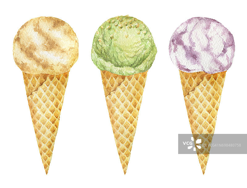 水彩冰淇淋甜筒，开心果，香草和水果。图片素材