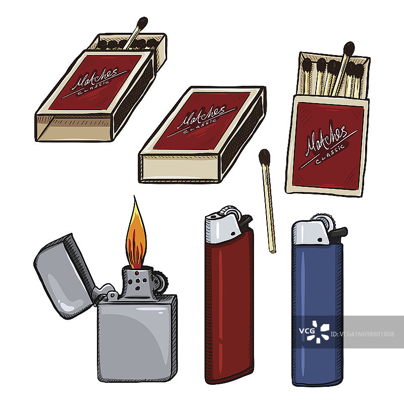 矢量卡通火柴，火柴盒和打火机。图片素材