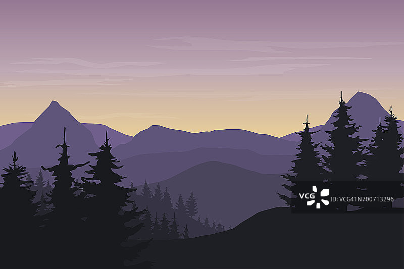 矢量插图的一个山景观与山和森林下的早晨紫色的天空与云图片素材