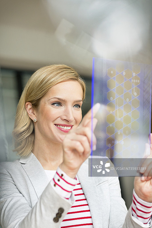 微笑的女商人使用未来的便携式设备图片素材