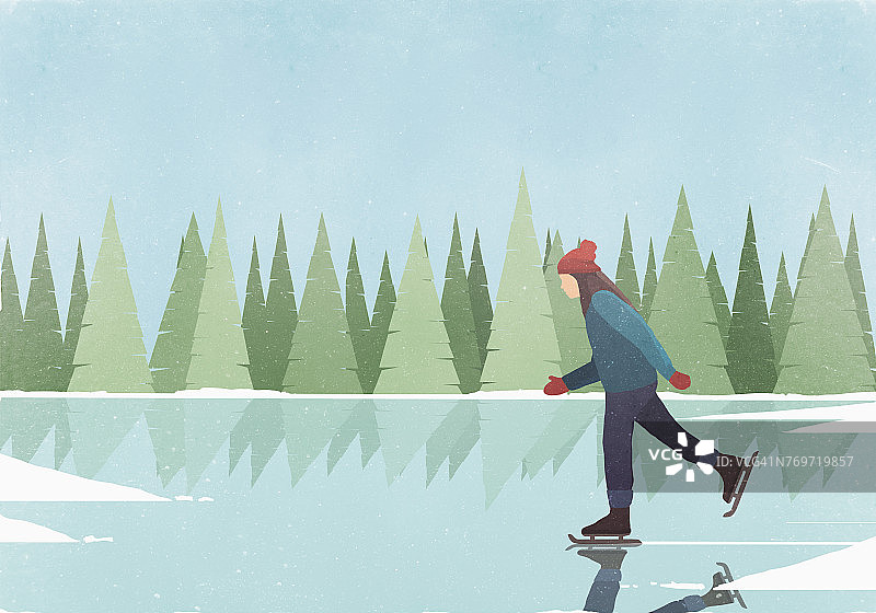在蓝色天空下的溜冰场上滑冰的女人的侧视图图片素材