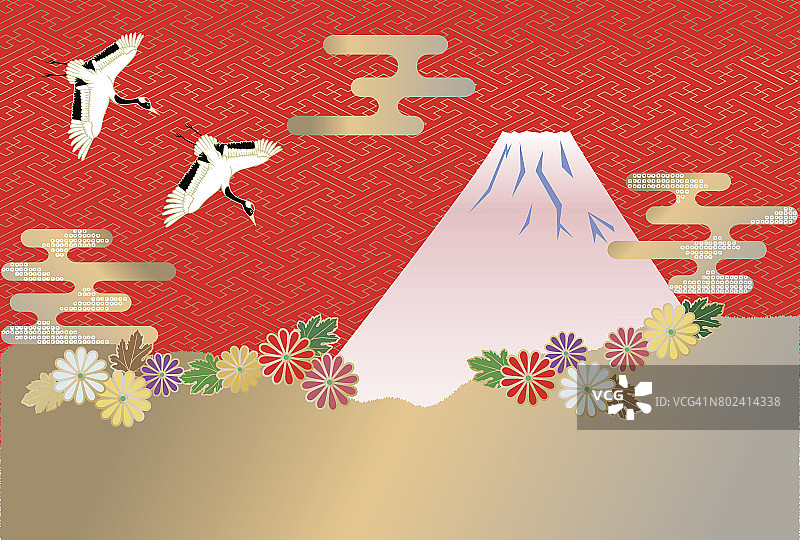 日本风格的富士山形象和菊花和日本图案。图片素材