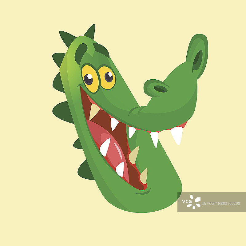卡通鳄鱼微笑的头图标。平坦明亮的颜色简化矢量插图图片素材