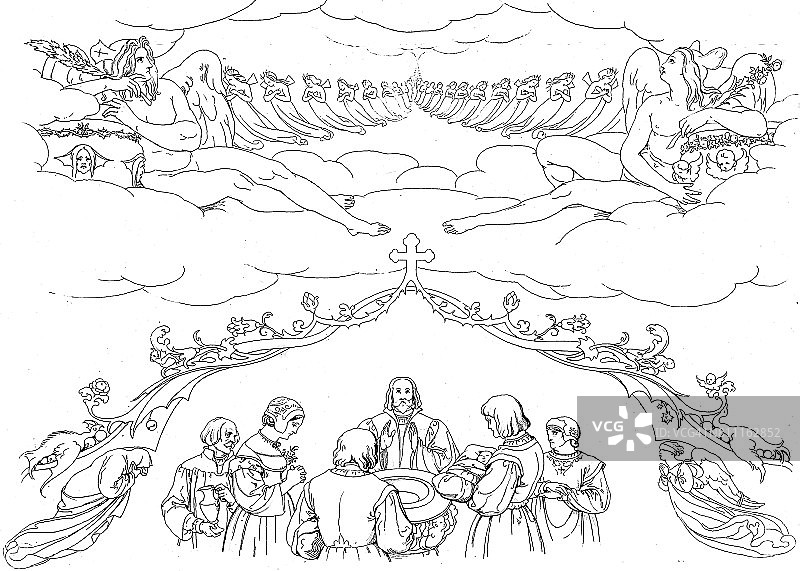 洗礼的象征意象:家人和牧师站在洗礼池前，上方的天使在现场监督图片素材