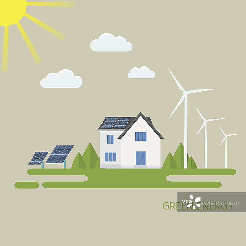 用太阳能板和风力涡轮机清洁现代房屋。图片素材