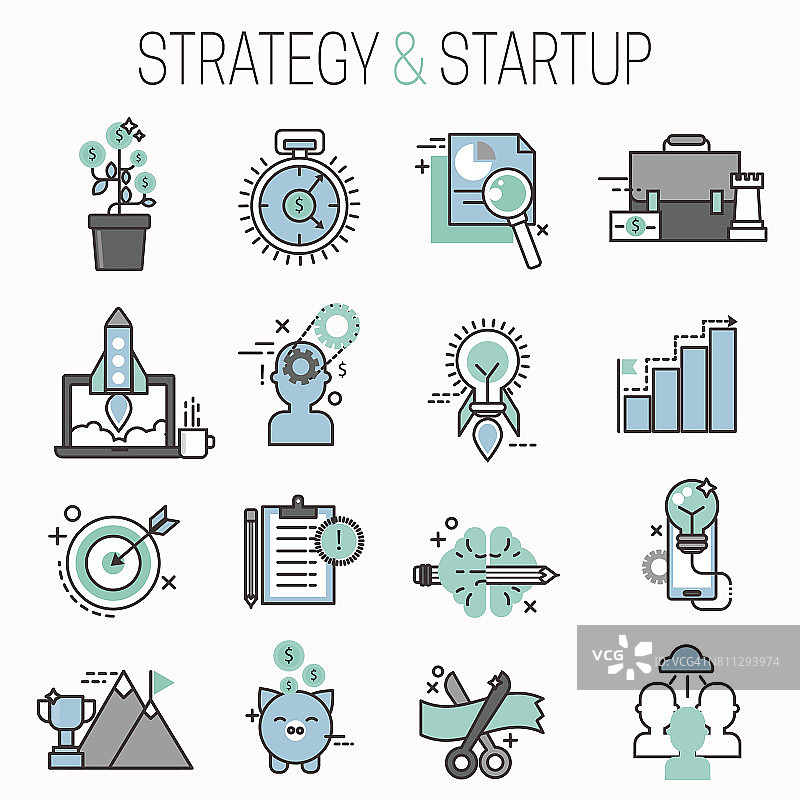 Startup and strategy outline web business icon set for websites ui management finance start up vector插图图片素材
