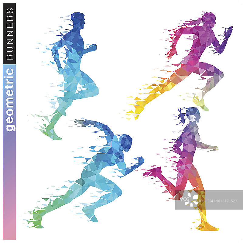 几何跑步者设置在彩虹的颜色图片素材