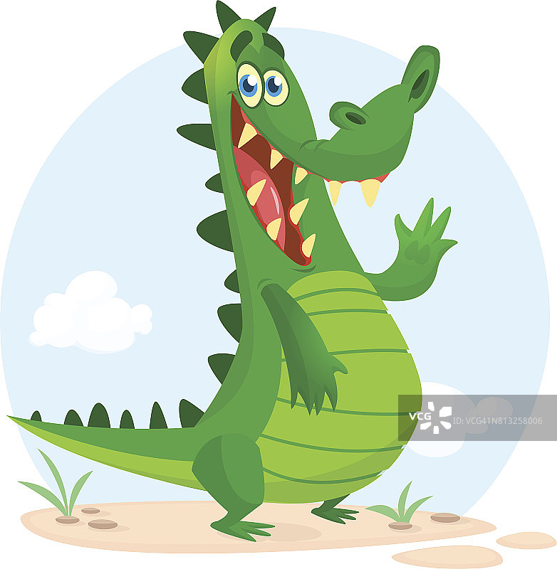 可爱的鳄鱼或恐龙挥舞卡通。矢量字符插图为儿童书籍。图片素材