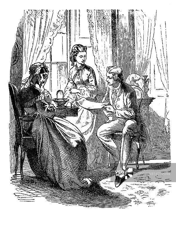 一个绝望的女人坐在桌旁，用双手捂着脸。一个留着文件的人把坏消息传递给家人-插图1867年图片素材