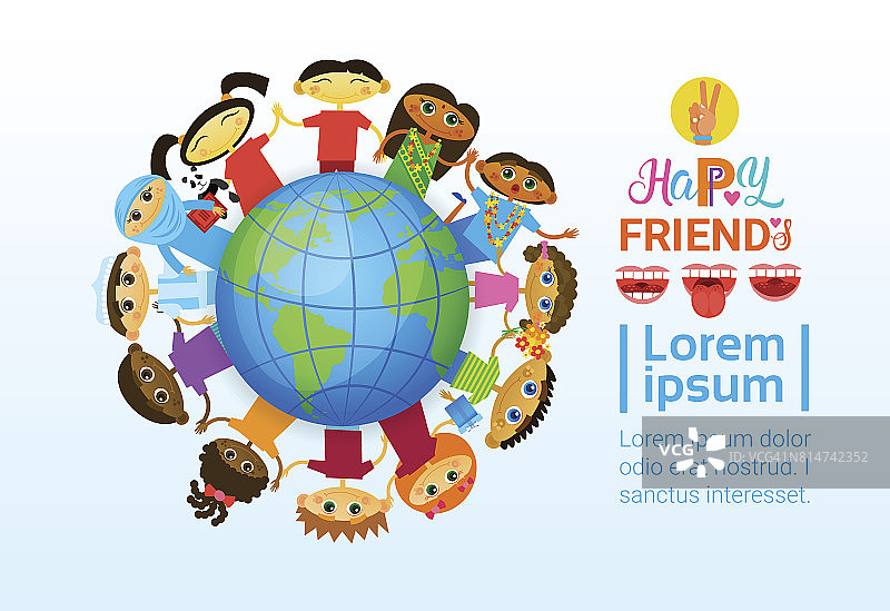 快乐友谊日贺卡混合种族孩子地球地球朋友多民族节日旗帜图片素材