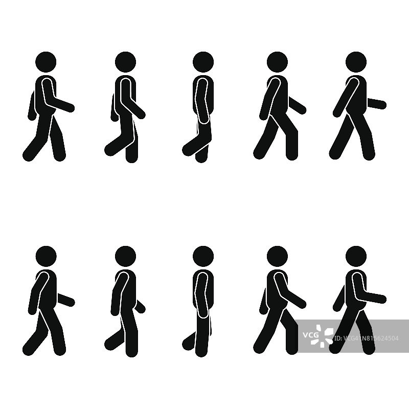 人的行走姿势各不相同。态势图。向量站人图标符号符号符号象形图上的白色图片素材