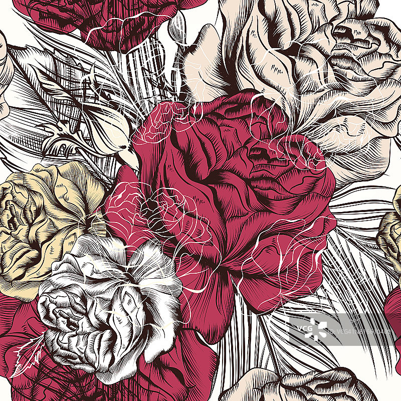 矢量无缝墙纸图案与玫瑰在复古风格图片素材