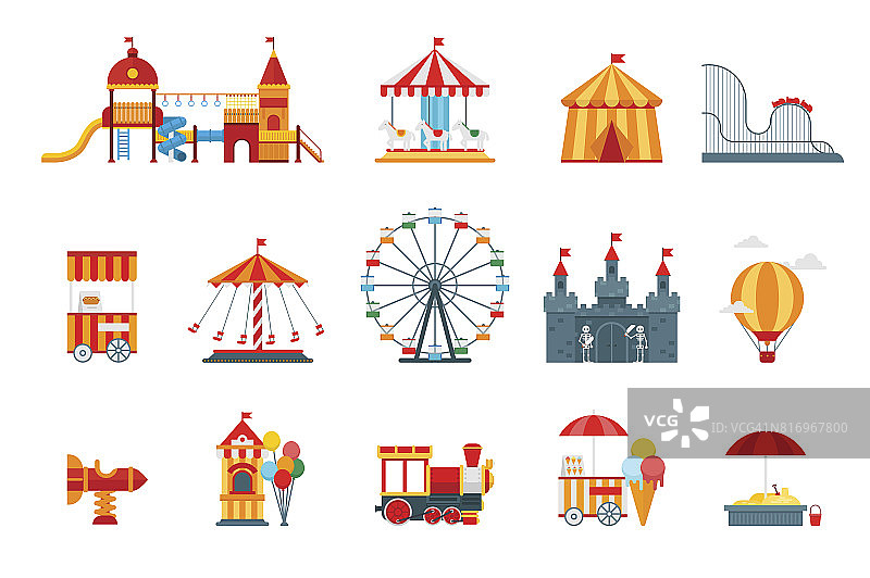 游乐园矢量平面元素，有趣的图标，孤立在白色背景与摩天轮，城堡，景点，马戏团，气球，秋千，旋转木马。建筑娱乐元素向量图片素材