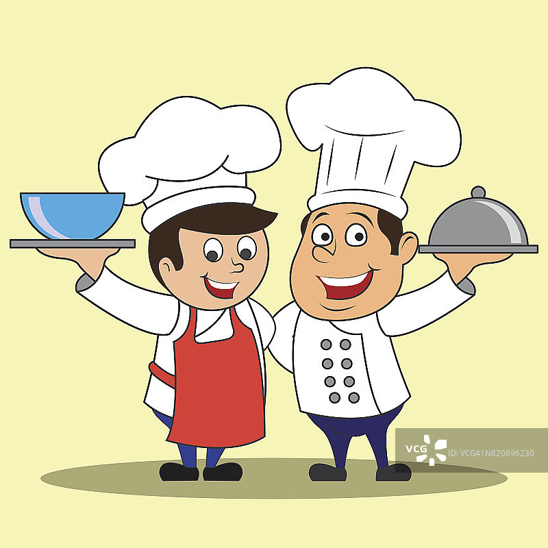 戴着帽子的厨师们拿着盘子准备上桌。卡通人物。矢量图图片素材