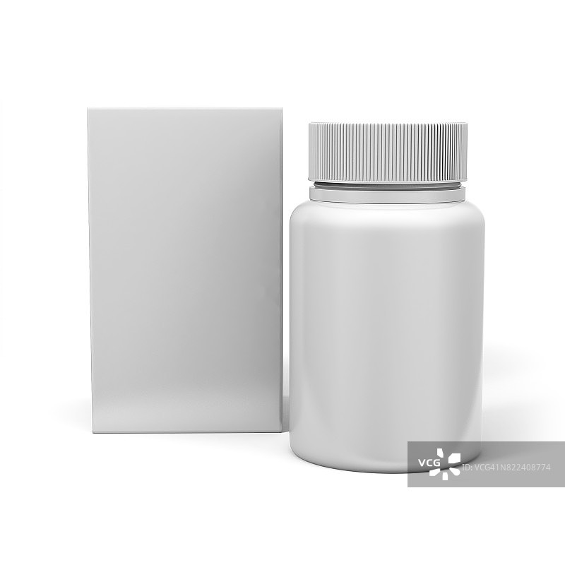 空白塑料白色胶囊瓶，白色背景，瓶盖维生素，药丸或胶囊。3D插图模拟模板。图片素材