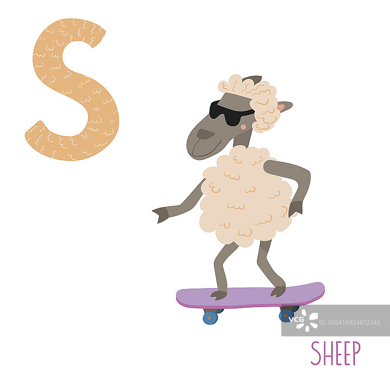 向量可爱的孩子动物字母表。字母S代表绵羊图片素材