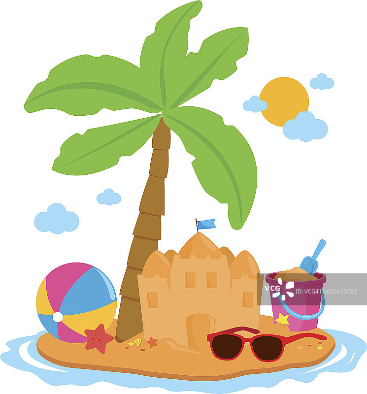夏日度假岛上有棕榈树、沙堡等沙滩玩具。图片素材