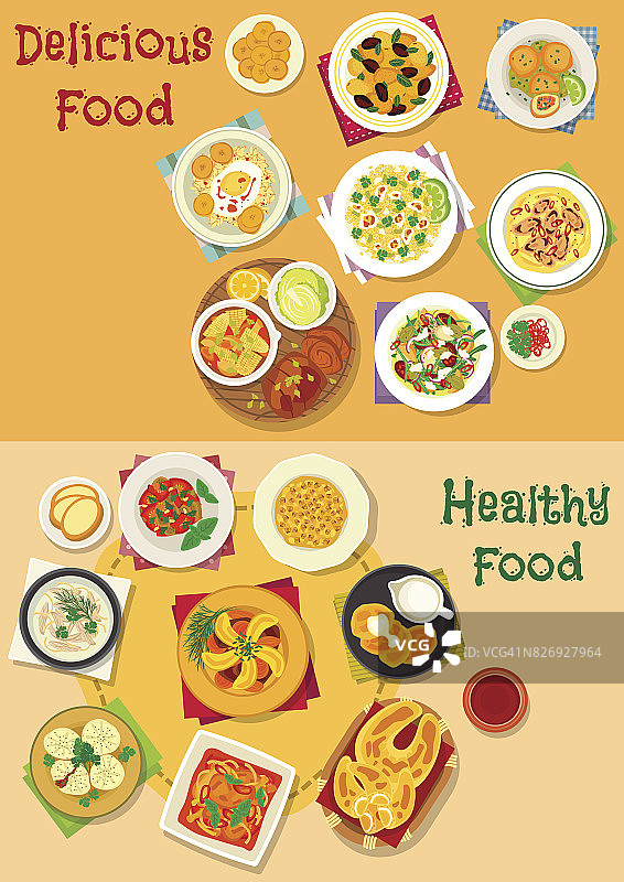 午餐图标与健康的食物菜肴图片素材