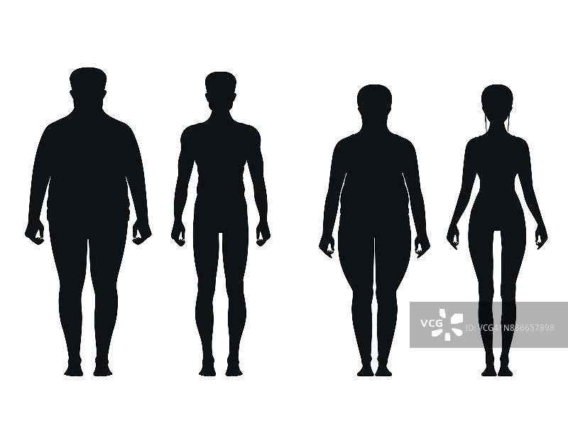胖人和瘦人的剪影。减肥超重的男人和胖女人。矢量插图隔离图片素材