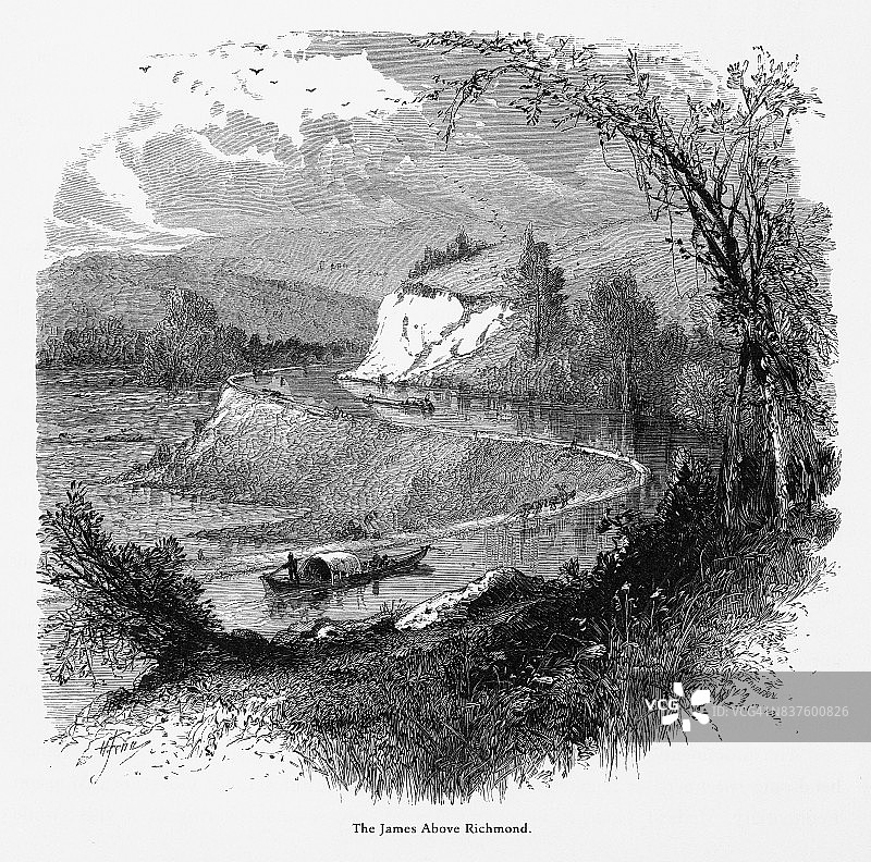 美国弗吉尼亚州里士满上方的詹姆斯河，美国维多利亚版画，1872年图片素材