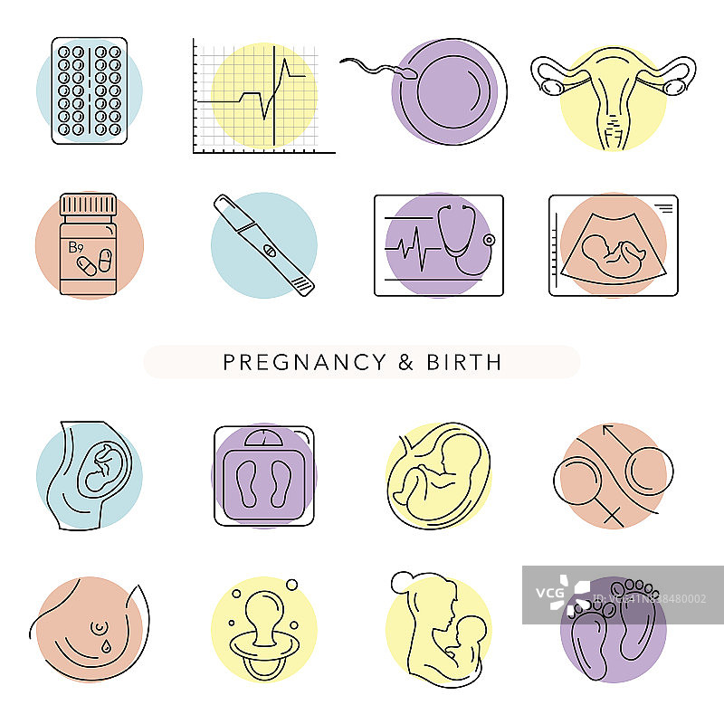 妊娠和分娩。矢量图标。图片素材
